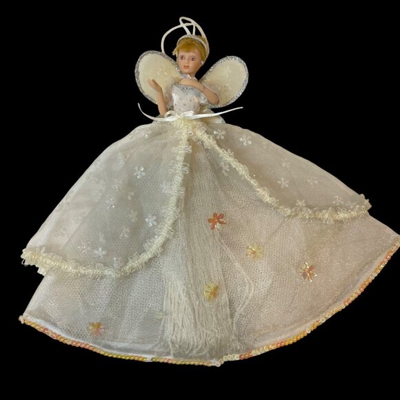 Vintage Handmade Tassel Angel Figurine with Glitter Wings & White Dress - Picture 1 of 9